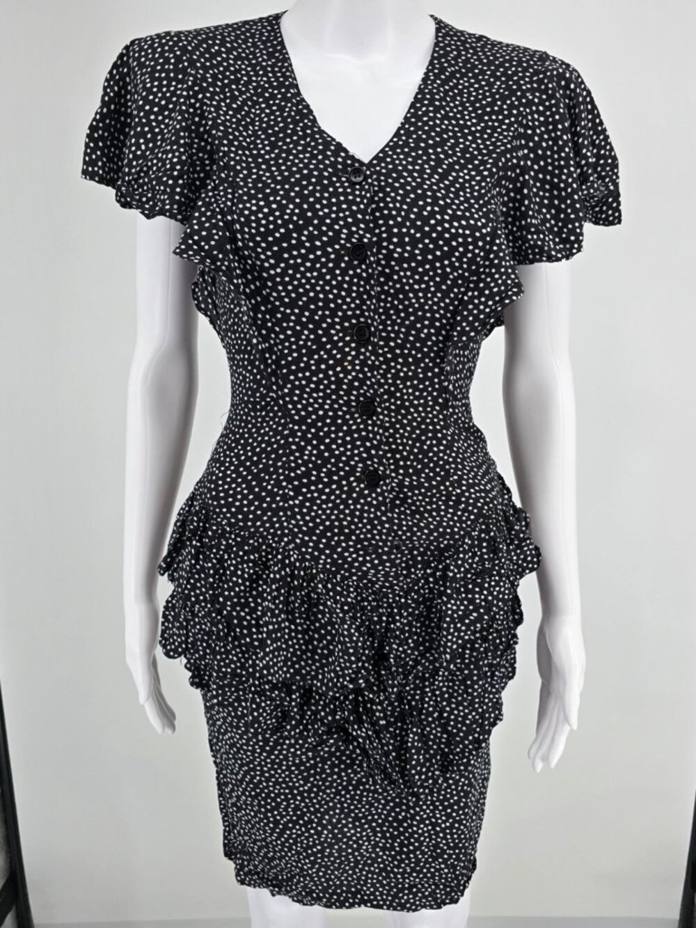 Vintage 1990s Audrey Celine Black/White Dot Print Shirtwaist Day Dress (XS)